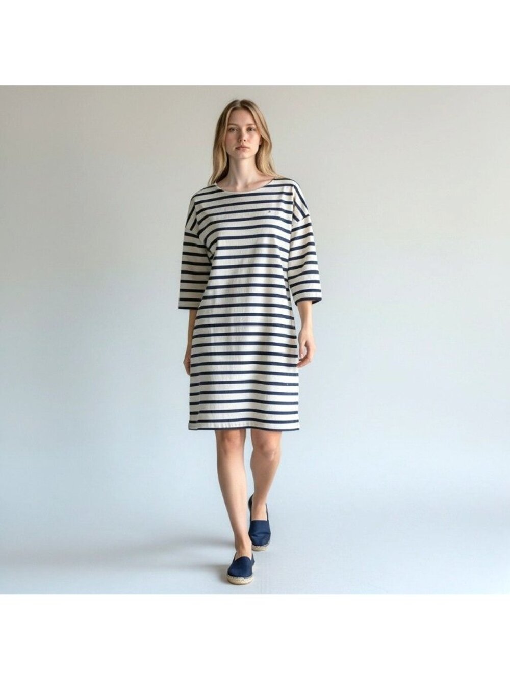 Tommy Hilfiger Breton Striped Navy & Ivory Cotton Nautical Dress 3/4 Sleeves Sz - Picture 1 of 11